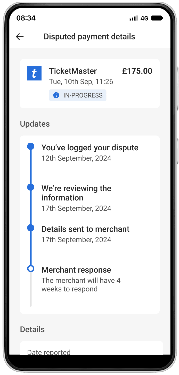 Mobile dispute status timeline