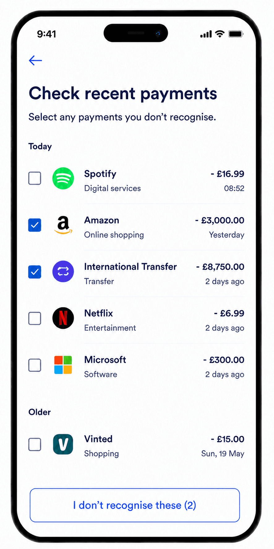 Recent payments screen with selected and unselected transactions shown on a phone