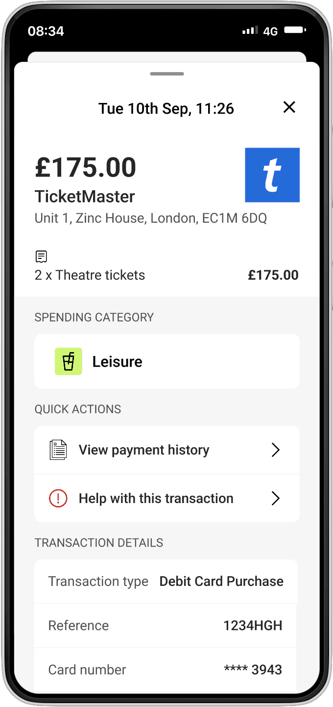 Mobile banking transaction details with an option to get help with the transaction