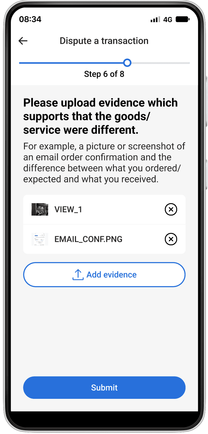 Mobile dispute journey for uploading supporting evidence