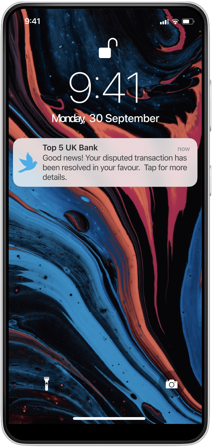 Mobile lock-screen notification confirming a dispute outcome