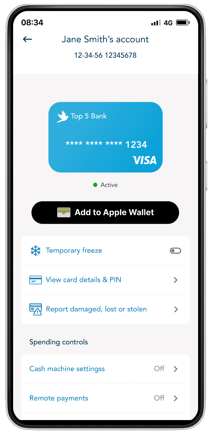 Mobile card controls and spending settings screen