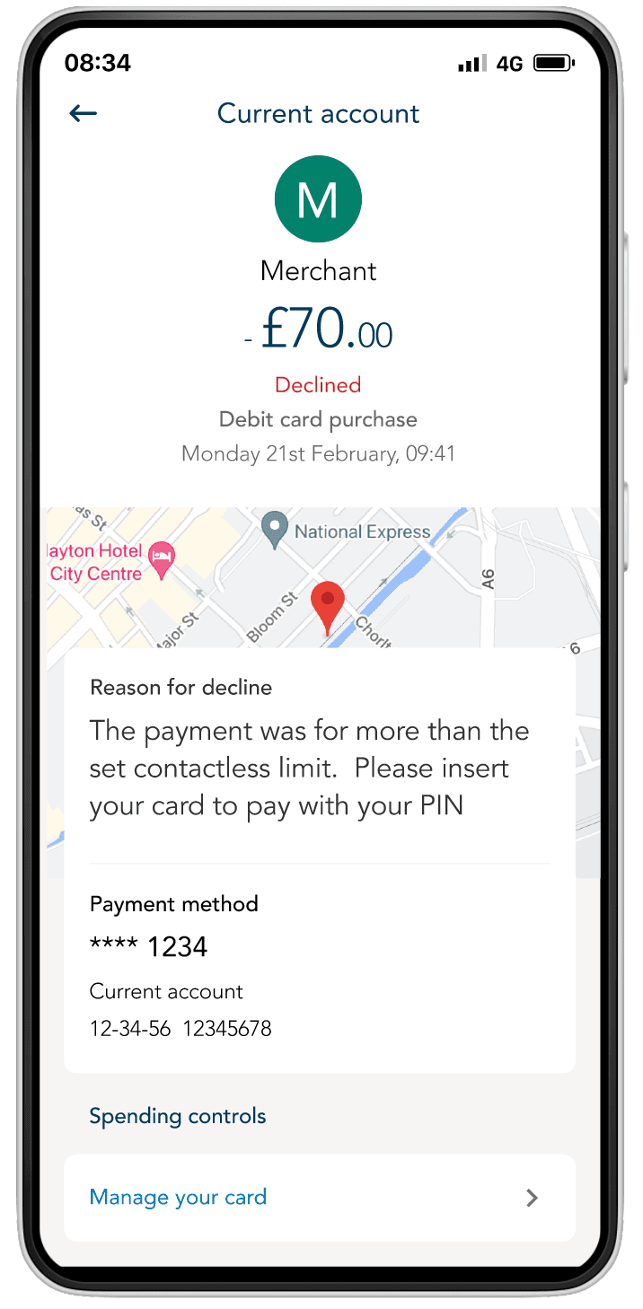 Mobile payment details screen explaining why a payment was declined